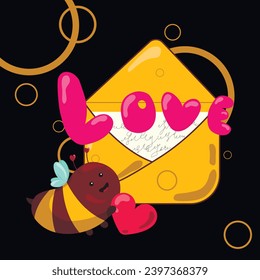 Postal con la imagen de una abeja al lado de una carta y la inscripción que amo.