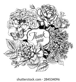 Postcard with image of a bouquet of flowers Hortensia, Peony, Rose, butterfly and label "Thank you". Vector black and white illustration.