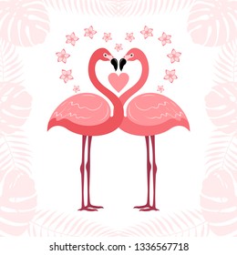 Postcard with the image of a couple in love flamingos.Vector illustration