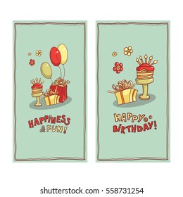 Postcard image of gift boxes, cake with candles, balloons and lettering wishes.