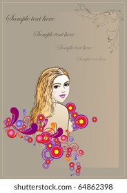Postcard with image of the girl and decorative element on neutral background