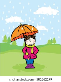Postcard with the image of a girl standing in the rain with an umbrella on a background of the spring landscape vector image