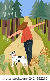 Postcard with image of a girl, woman on summer vacation in nature, walking with a dog in the woods, enjoying the moment.
 Vertical postcard with a happy woman in nature,
 a walk in the forest.