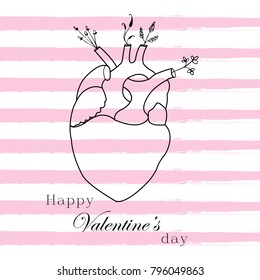 Postcard with the image of the linear heart from which grows flowers, Valentine's Day, vector illustration