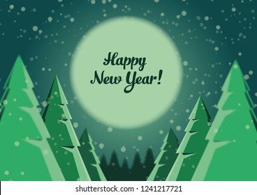 postcard with the image of the night forest with falling snow in roughness of sharpness
