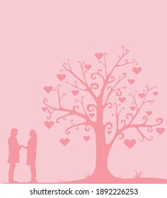 Postcard with the image of silhouettes of a couple and a tree. Gift for Valentine's Day.