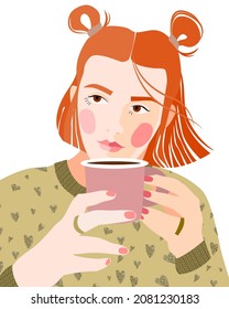 a postcard with the image of a young pretty girl with a cup of hot coffee in her hands.