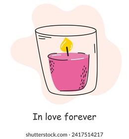 Postcard with an inscription about love. Candle. Valentine's Day. Vector illustration with elements on a white background.