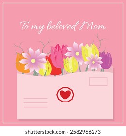 Postcard, Inscription to Beloved Mom, Women's Day. Flowers, Bouquet of Flowers. White text is minimal. Envelope, Message