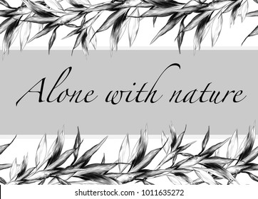 postcard with inscription in the center with a border of bamboo leaves, sketch vector graphics monochrome drawing