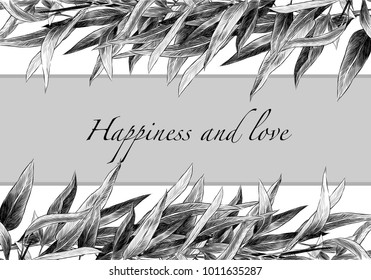 postcard with inscription in the center with a border of bamboo leaves, sketch vector graphics monochrome drawing