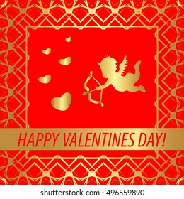 Postcard the inscription "happy Valentines day !". Red background, gold frame pattern.
Cupid. Heart.
