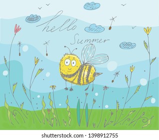 Postcard with an inscription hello summer. illustration in doodle style with a bee. Vector image.