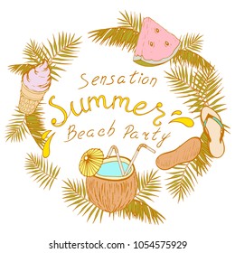 postcard with an inscription sheet, palm leaves, coconut cocktail, ice cream in a waffle cup, Vietnamese, slice of watermelon, vector illustration hand-drawn