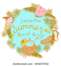 postcard with an inscription sheet, palm leaves, coconut cocktail, ice cream in a waffle cup, Vietnamese, slice of watermelon, vector illustration hand-drawn