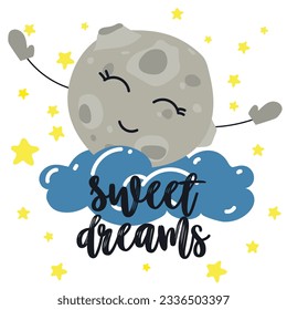 A postcard with the inscription sweet dreams and a cartoon moon in the clouds and on the background of the starry sky. Vector for design, banners, children's books and patterns