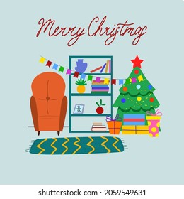 postcard with the Interior of the Christmas room. Christmas tree, gift and decoration.