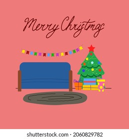 postcard with the Interior of the Christmas room. Christmas tree, gift and decoration.
