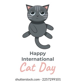 Postcard for the international cat day. Funny cartoon cat and little mouse are sleeping on a pile of colored pillow. Happy animals Print to greeting card, poster, flyer