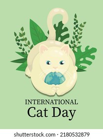 Postcard for the international cat day on August 8. funny cartoon cat playing with planet earth. Happy animals Print to greeting card, poster, flyer. cat logo