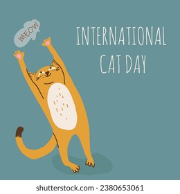 Postcard for the international cat day on August 8. Funny cartoon cat. Happy animals Print to greeting card, poster, flyer.