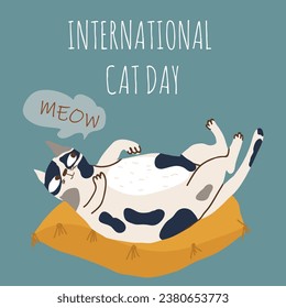 Postcard for the international cat day on August 8. Funny cartoon cat. Happy animals Print to greeting card, poster, flyer.