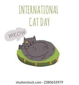 Postcard for the international cat day on August 8. Funny cartoon cat. Happy animals Print to greeting card, poster, flyer.