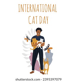 Postcard for International Cat Day on August 8th. Funny cartoon cat with people character. Happy Animals Print greeting cards, posters, flyers.