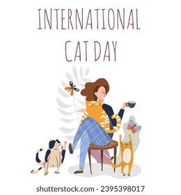 Postcard for International Cat Day on August 8th. Funny cartoon cat with people character. Happy Animals Print greeting cards, posters, flyers.