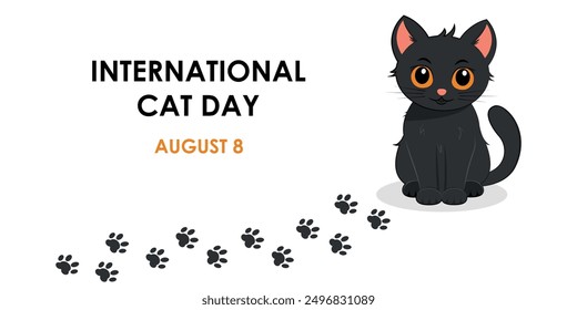 Postcard for the international cat day on August 8. Funny cartoon black cat on white background. Design template for greeting card, poster, flyer. Vector illustration