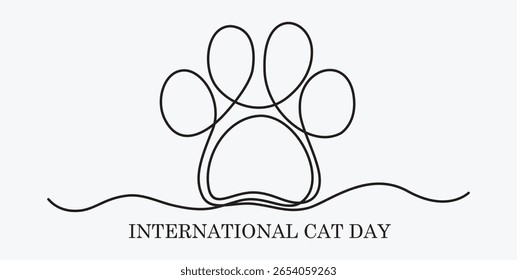 Postcard for the international cat day on August 8. Continuous line art vector illustration with cat.