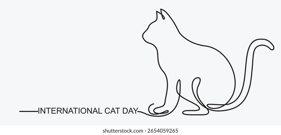 Postcard for the international cat day on August 8. Continuous line art vector illustration with cat.