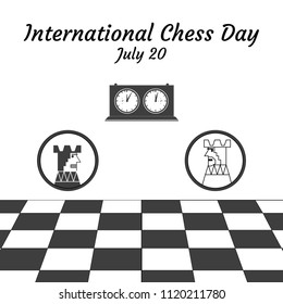 Postcard International Chess Day is July 20. Chess clock, white and black kings or rooks.Vector illustration.