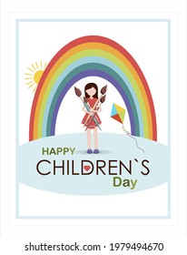 Postcard for the international children s day. Summer bright card with a girl and a rainbow. Happy childhood. Congratulation on a holiday, to school, to kindergarten.