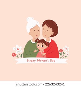 Postkarte für den Internationalen Frauentag. Feier 8. März Muttertagskonzept. Liebe junge und Senior Mütter, die Tochter und Enkelin umarmt. Vektorgrafik von Cartoon People