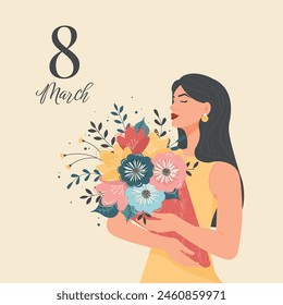 Postcard For International Women's Day With Cute Girl With a bouquet of flowers in flat style. Vector