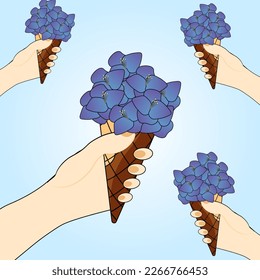 A postcard for International Women's Day with a hand holding a waffle cone with hydrangea flowers. Ice cream with a bouquet of hydrangeas.