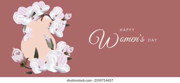 Postcard International Women's Day March 8. 3d Flowers magnolia. Vector 10 eps