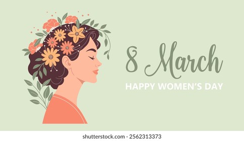 Postcard for International Women's Day March 8. Profile of a beautiful woman with flowers in her hair. Illustration