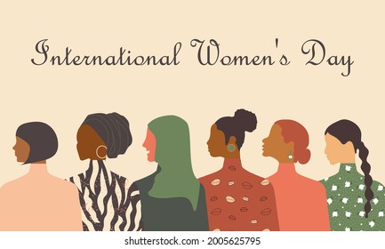 Postcard with International Women's Day. Poster template with women of different nationalities and religions. Pink pastel background. Vector graphics.