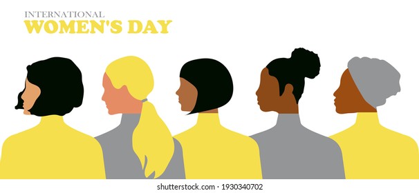 Postcard with International Women's Day. Postcard template in trendy yellow and gray colors 2021 with women of different nationalities and religions. Vector graphics.