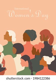 Postcard with International Women's Day. Postcard template with women of different nationalities and religions. Pink pastel background. Vector graphics.