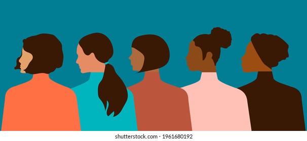 Postcard with International Women's Day. Women of different nationalities and religions stick together. Blue background. Activists and feminists unite. Modern vector graphics.