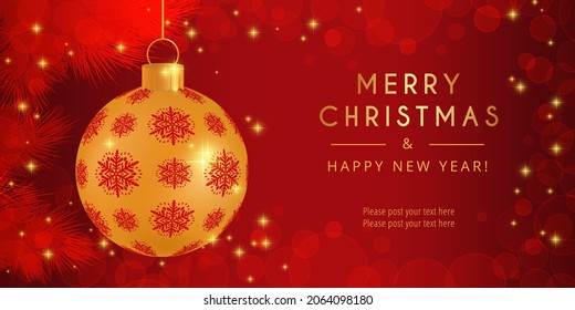 Postcard, invitation, banner with a Christmas golden ball, fir branches, Christmas tree decoration with a red pattern of snowflakes on a background of bokeh with sparks