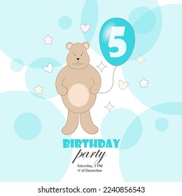 A postcard, an invitation to a birthday party with a bear and a blue balloon with the number 5. Vector illustration