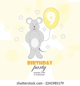 A postcard, an invitation to a birthday party with a mouse with a balloon in its paw with the number 9. Vector illustration