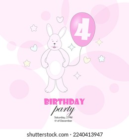 A postcard, an invitation to a birthday party with a pink bunny and a balloon and the number 4. Vector illustration
