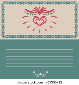 Postcard, invitation, congratulation with a heart in an ethnic style for a wedding or Valentine's Day.