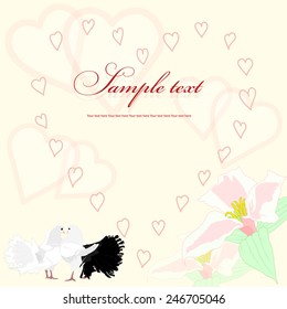Postcard for invitation with doves and flowers.