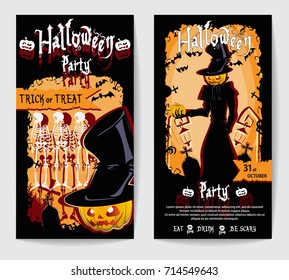 postcard invitation to a halloween party in green tones with a spiteful pumpkin, cemetery, black reddish-haired and glowing big moon